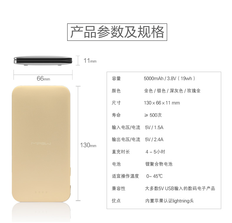 MIPOW迷你便攜超薄移動(dòng)電源iPhone蘋(píng)果手機(jī)專用MFi認(rèn)證充電寶