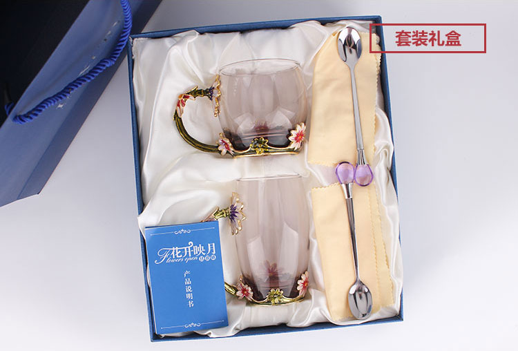創(chuàng)意琺瑯彩玻璃水杯、情侶茶杯辖备、花茶杯情人節(jié)禮物（對杯）