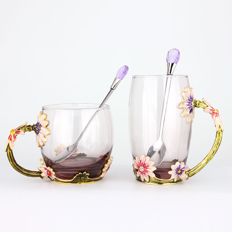 創(chuàng)意琺瑯彩玻璃水杯、情侶茶杯司致、花茶杯情人節(jié)禮物（對杯）