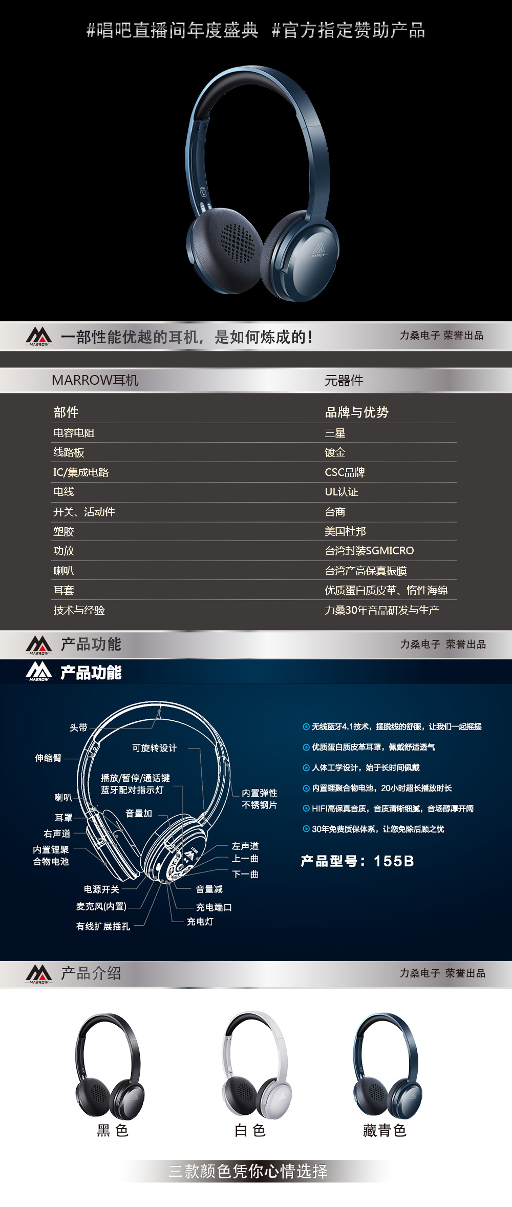 MARROW155B藍(lán)牙耳機頭戴式 手機電腦無線4.0音樂重低音運動耳麥
