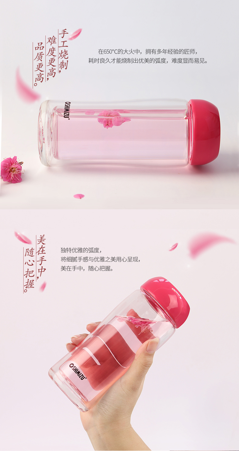 清水雙層玻璃杯便攜可愛(ài)透明花茶水杯加厚耐熱創(chuàng)意辦公水晶杯子