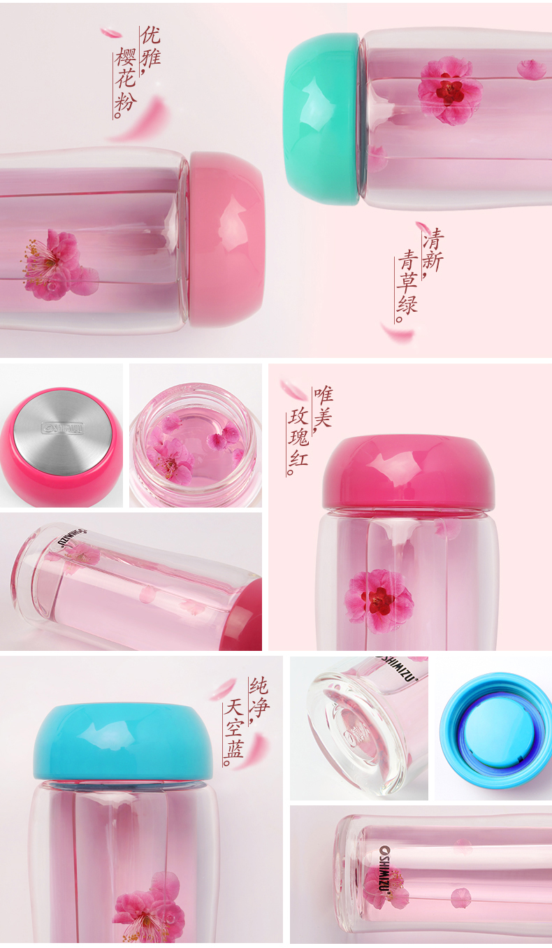 清水雙層玻璃杯便攜可愛(ài)透明花茶水杯加厚耐熱創(chuàng)意辦公水晶杯子