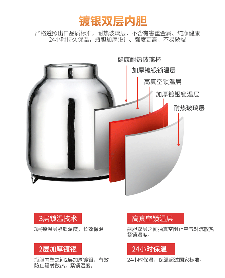 清水時尚咖啡壺進口玻璃內(nèi)膽保溫壺辦公家用暖水壺精致熱水瓶1L