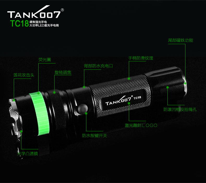 Tank007騎行強(qiáng)光手電筒TC18遠(yuǎn)射五檔調(diào)焦充電迷你防身自行車探照燈戶外家用手電