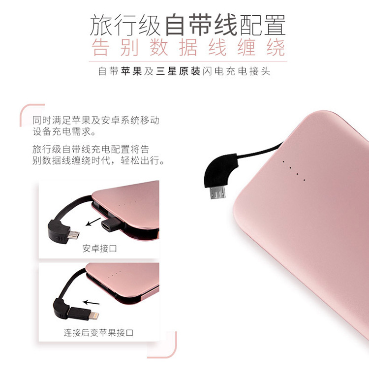 全漢C10A迷你輕薄自帶線充電寶10000毫安蘋果7安卓通用6p便攜定制移動(dòng)電源