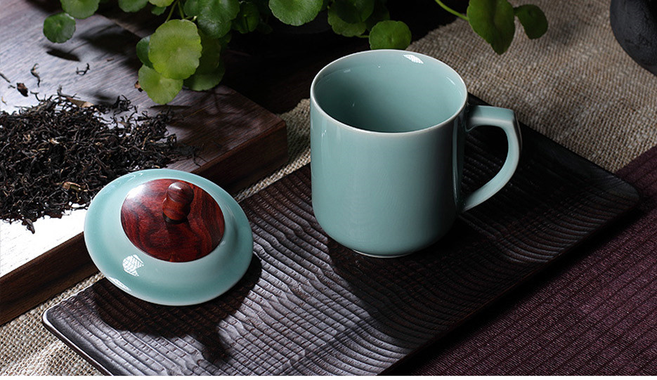 五行素雅杯 陶瓷杯子帶蓋茶杯水杯辦公杯 龍泉青瓷大號(hào)茶杯