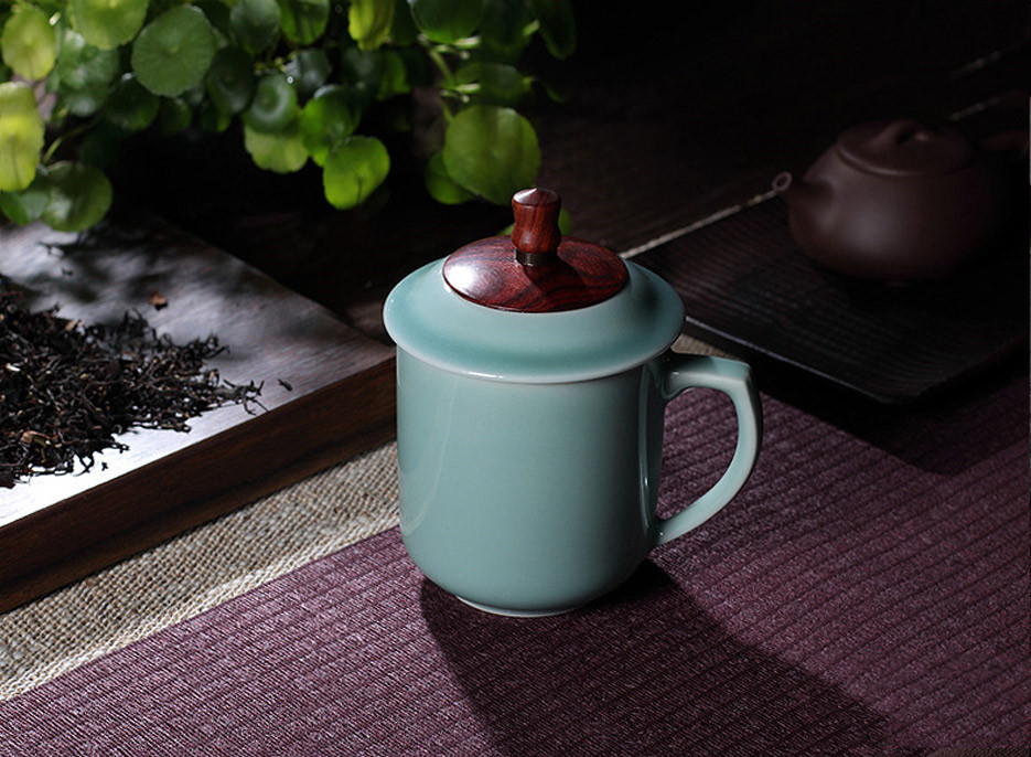 五行素雅杯 陶瓷杯子帶蓋茶杯水杯辦公杯 龍泉青瓷大號(hào)茶杯