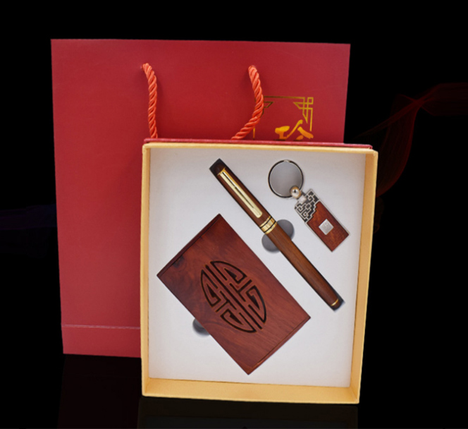 精品紅木16GU盤+簽字筆+名片夾辦公套裝