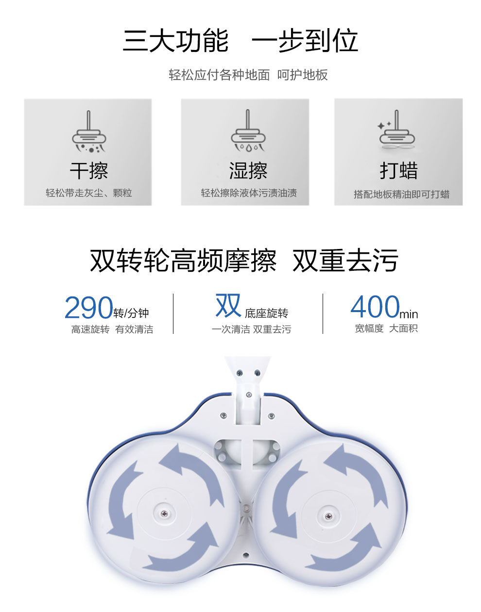 罢鸺担科雷 電動拖把 雙輪高速旋轉(zhuǎn)4400HM大容量鋰電池持久續(xù)航電動噴水拖把