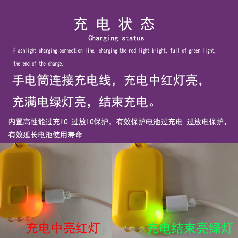2019新款迷你充電手電筒USB三燈鑰匙扣手電筒