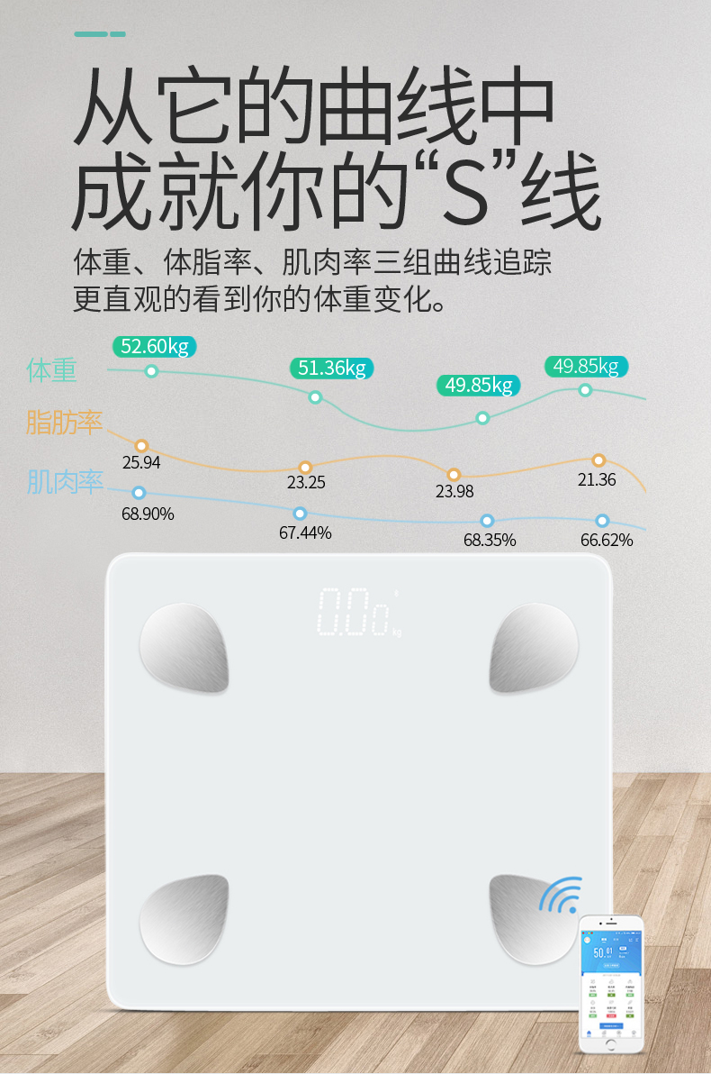 ABS全包LED顯示屏高端定制智能藍(lán)牙體脂秤體重稱180KG 