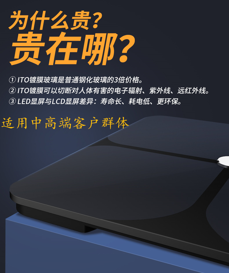 智能體脂稱(chēng) 99項(xiàng)身體數(shù)據(jù) 體重秤家用人體分析儀ITO鍍膜 APP連接藍(lán)牙