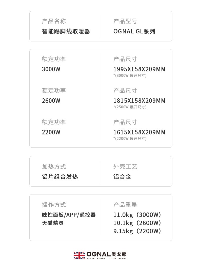 英國(guó)OGNAL石墨烯踢腳線取暖器節(jié)能家用電暖氣省電速熱折疊電暖器