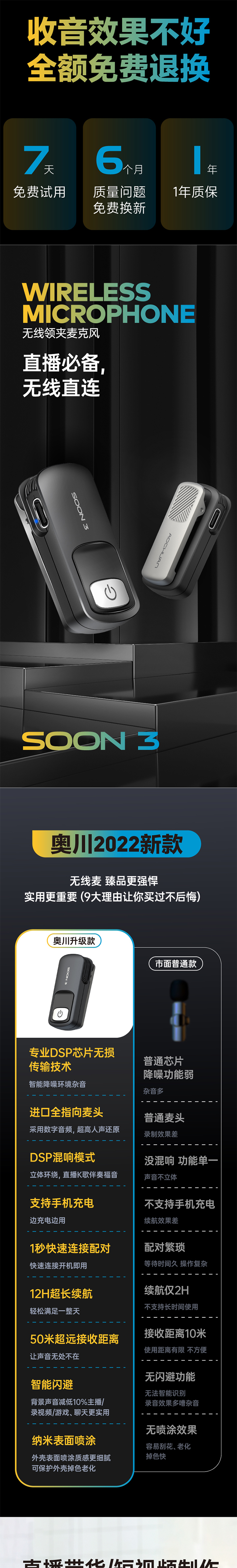 奧川SOON 3無線麥克風(fēng)領(lǐng)夾式抖音直播降噪視頻收音麥小蜜蜂一拖二