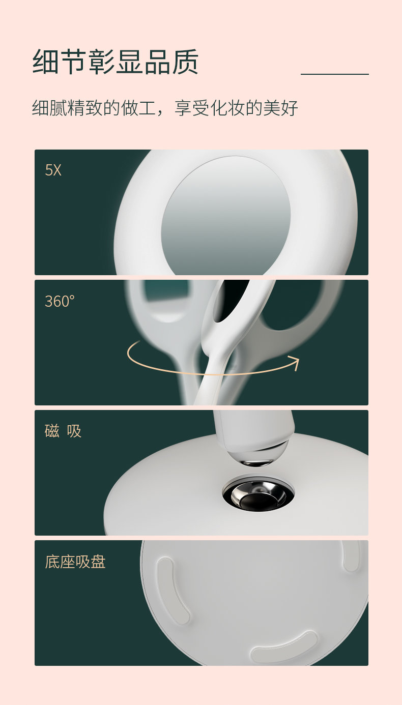 斐色耐搖搖鏡LED化妝鏡帶燈雙面鏡子便攜臺式隨身梳妝補光